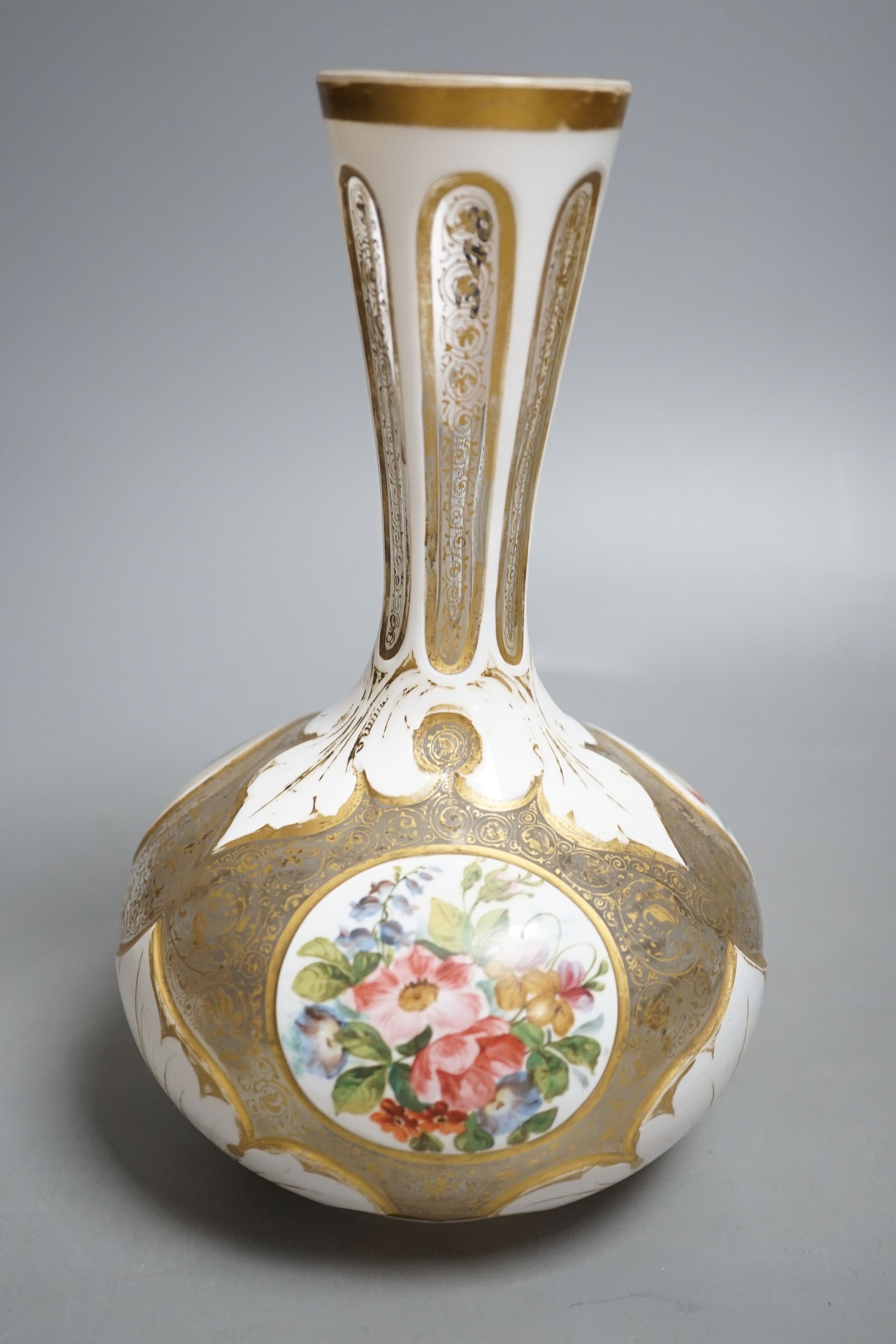 A 19th century Bohemian overlaid glass bottle vase, enamel painted panels - 22cm tall